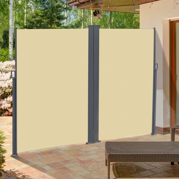 Outsunny Patio Retractable Double Side Awning, Folding Privacy Screen Fence, Privacy Wall Corner Divider, Garden Outdoor Sun Shade Wind Screen, Indoor Room Divider, Beige