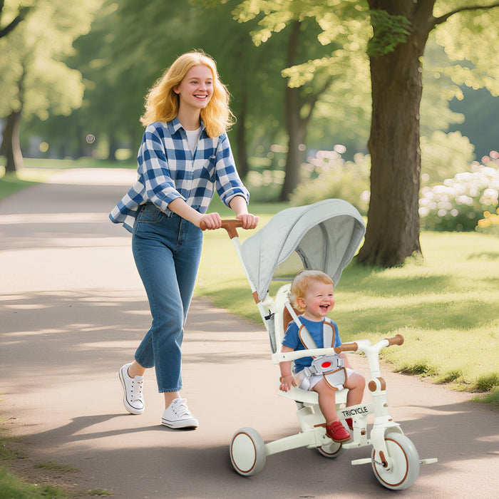 Qaba Toddler Tricycle, 7 In 1 Kids Trike With Adjustable & Removable Parent Handle, Canopy, Safety Harness, Folding Pedal, Storage Bag, Brake, Clutch, For 1-5 Years, Cream White