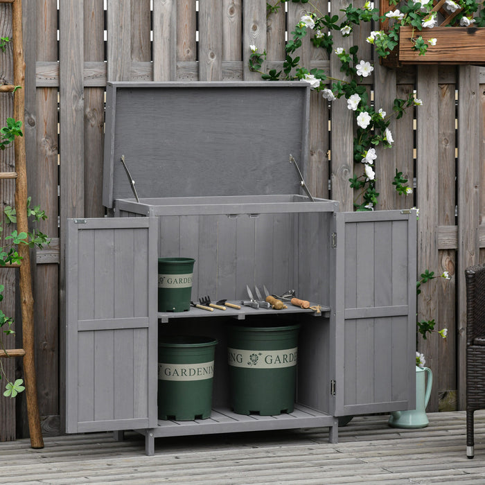 Outsunny Wooden Garden Storage Shed With Hinged Roof And 2-tier Shelves, Outdoor Tool Storage Shed Kit With Double Doors, 29.1\" X 16.9\" X 34.6\", Dark Grey