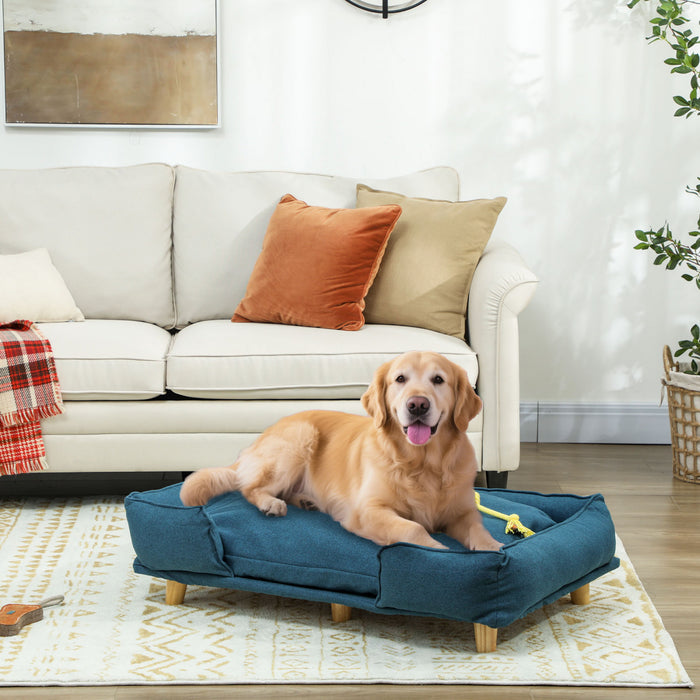 PawHut Pet Sofa, Elevated Dog Couch for Large Dogs, Removable Washable Pet Sofa Cat Bed with Anti-slip Foot Pads, Dark Blue