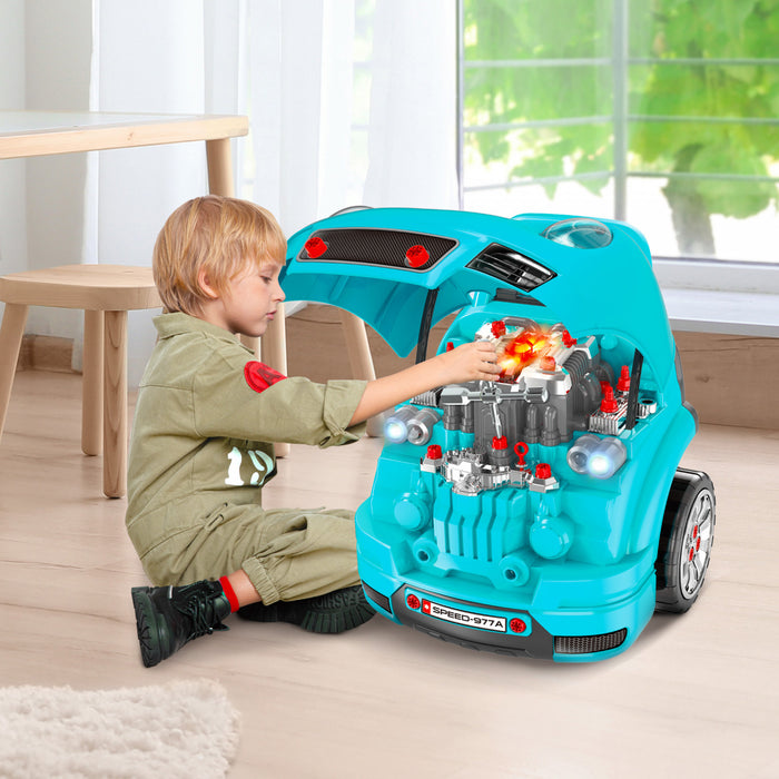 Qaba Kids Truck Engine Toy Set, Educational Car Service Station Kids Tool Set, Take Apart Workshop For 3-5 Years Old Teal
