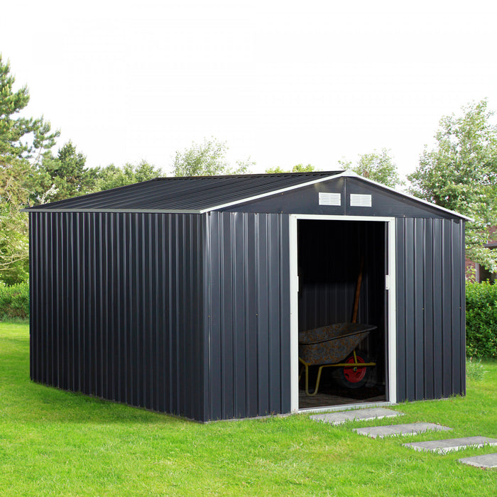 Outsunny 9' X 11' Metal Storage Shed With Floor Foundation, Garden Tool House With Double Sliding Doors, 4 Air Vents For Backyard, Patio, Lawn, Dark Grey