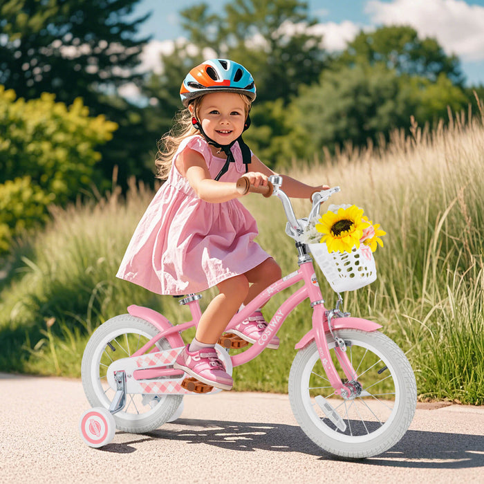 Costway 14\" Kid's Bike With Removable Training Wheels & Basket For 3-5 Years Old Pink