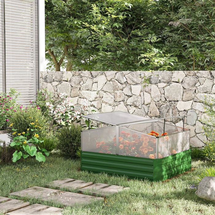 Outsunny 49.6\" X 42.1\" X 26.6\" Galvanized Raised Garden Bed With Greenhouse, Steel Planters For Outdoor Plants, Flowers, Herbs And Vegetables, Use For Patio, Backyard, Balcony, Dark Green