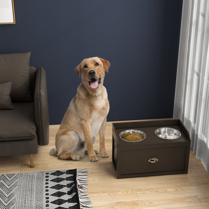 Pawhut Elevated Dog Bowls For Large Dogs, Raised Pet Feeding Station With 2 Stainless Steel Bowls, Hidden Storage Drawer, Wood Stand For Cats, Brown