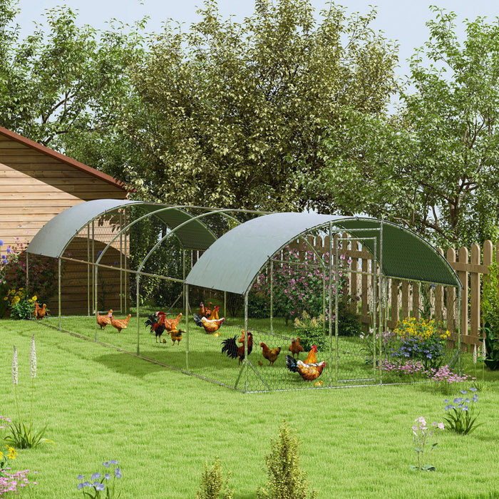 PawHut Chicken Run, Galvanized Large Metal Chicken Coop Cage, Walk-in Enclosure Poultry Hen Run House Playpen Rabbit Hutch with Dome Roof, Cover, 9.2' x 31.2' x 6.5', Silver