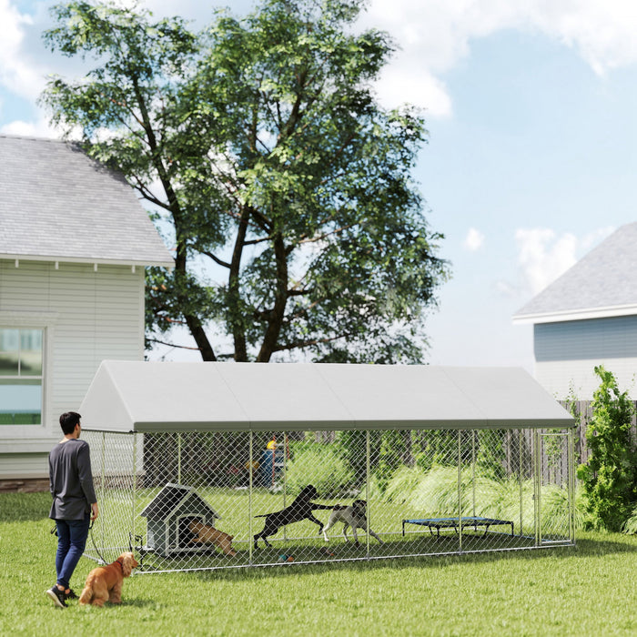 PawHut Extra Large Dog Kennel with Roof and Safety Lockable Latch, Heavy-Duty Galvanized Steel Dog Run Chain Link w/ Waterproof UV-Resistant Cover, 19.7' x 7.5' x 7.9'