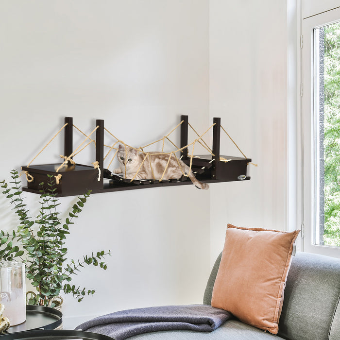 Pawhut Wall-mounted Cat Shelf，37.8\" Long Bridge-shaped Cat Wall Furniture Cat Tree, Kitten Activity Center, Coffee