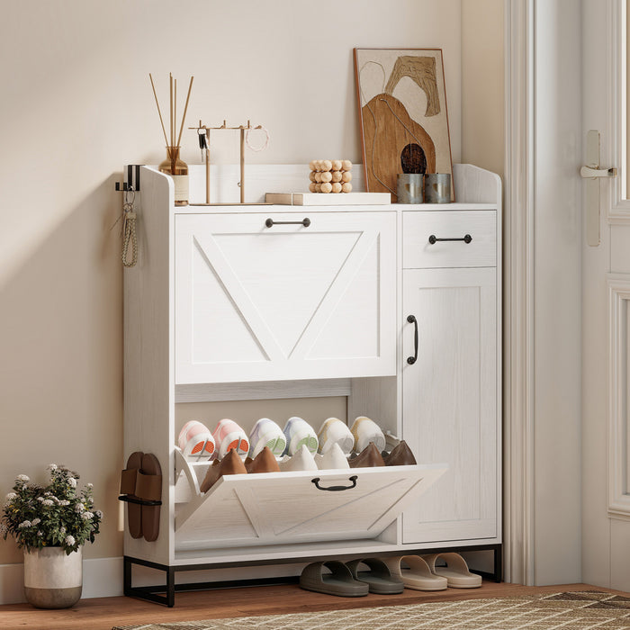 HOMCOM Shoe Cabinet, Farmhouse Shoe Storage Cabinet with Side Cabinet White