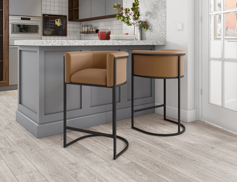 Cosmopolitan Mid-Century Modern Metal Upholstered Counter Stool in Camel - Set of 2 Bar Stool