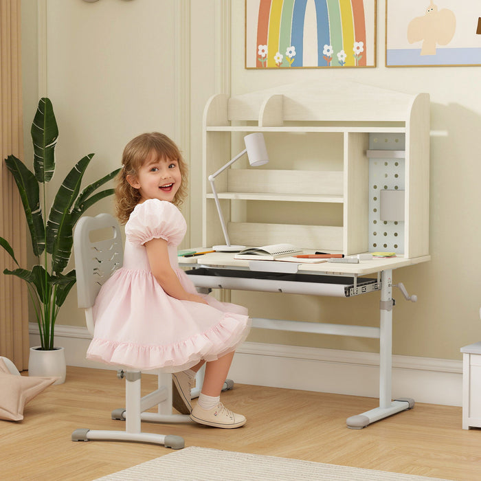 Qaba Kids Desk, Height Adjustable Children Study Desk with 0-45° Tilted Desktop, Storage, Drawer, Pegboard, Student Computer Desk Writing Table for Home School Use