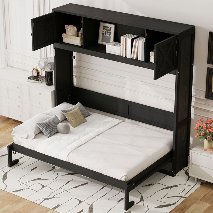 Ethan Solid Wood Murphy Bed with Storage Cabinets,Queen Size,Black Queen Bed