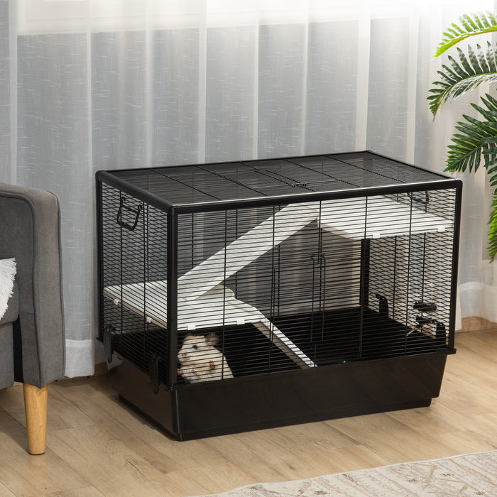 Pawhut 3-tier Hamster Cage, Guinea Pig Cage, Pet Chinchillas Play House Indoor With Accessories Food Dish Water Bottle, Ramps, 31.5\"x19\"x 23\", Black
