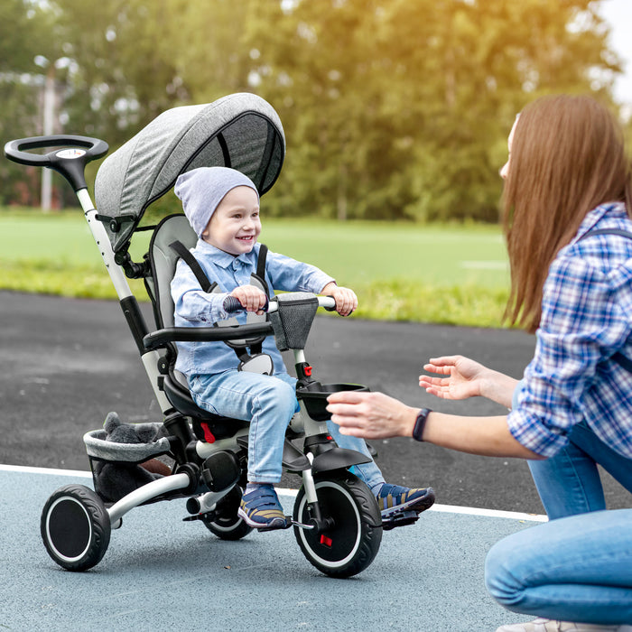 Aosom 6-in-1 Toddler Tricycle, Kids Trike With Rotatable Seat, Adjustable Push Handle, Safety Harness, Detachable Canopy, Semi-reclining Footrest, For 12-50 Months, Grey