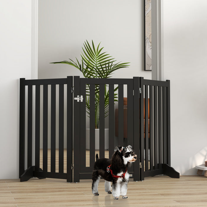 Pawhut Foldable Dog Gate With Door, 3 Panels Freestanding Pet Gate With Support Feet Indoor Playpen For Medium Dogs And Below, Black