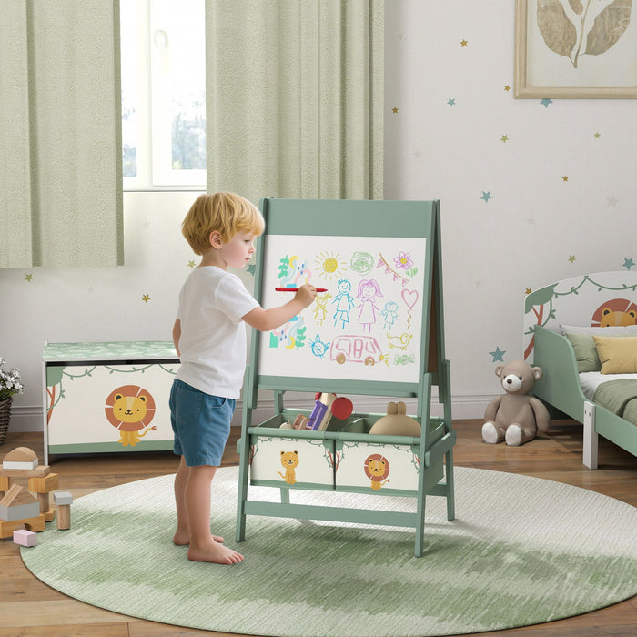 Qaba Art Easel For Kids, 3-in-1 Double-sided Kids Easel With Paper Roll, Whiteboard & Chalkboard, 2 Storage Boxes, Gift For Boys, Girls Ages 3-8, Green
