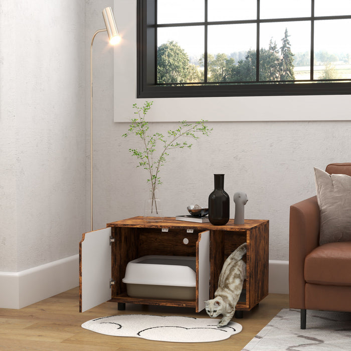 Pawhut Hidden Cat Litter Box Enclosure, Litter Box Furniture Side Cabinet 2 In 1 Design With Sand Drain Pad And Double Doors, For Indoor Use, Rustic Brown