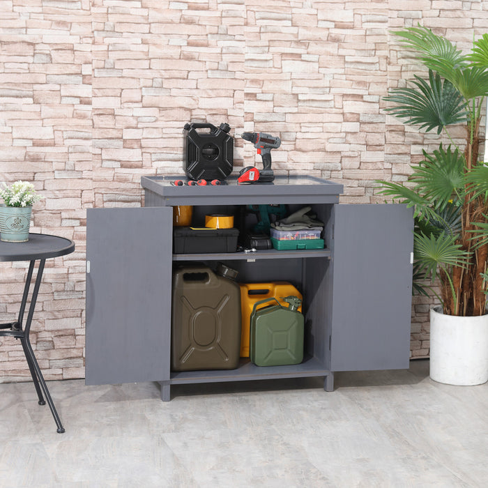 Outsunny Garden Storage Cabinet, Outdoor Tool Shed With Galvanized Top And Two Shelves For Yard Tools Or Pool Accessories, Grey
