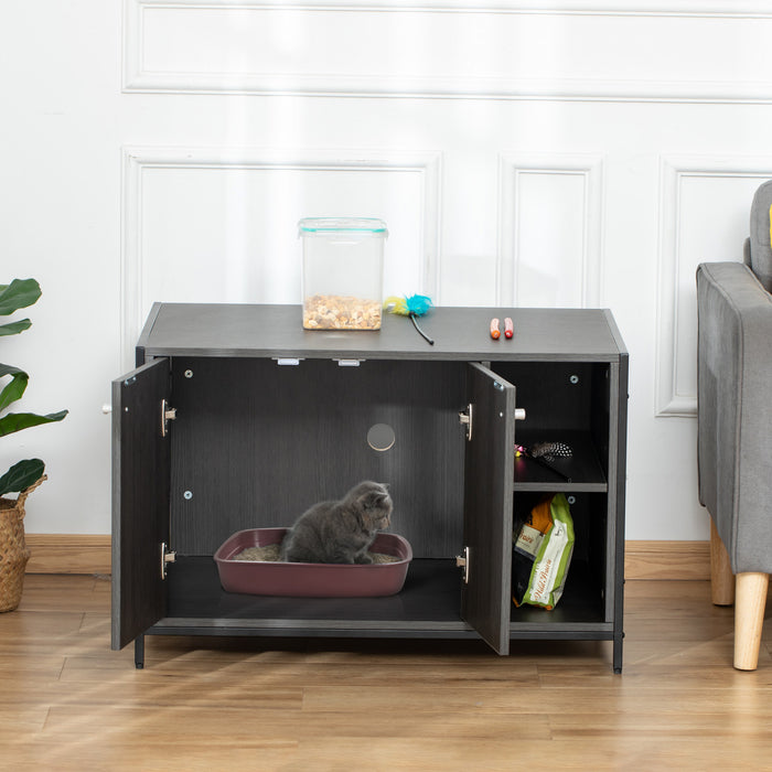 Pawhut Cat Litter Box Enclosure Hidden Cat Furniture Cabinet Indoor Cat Washroom Double-door Nightstand End Table With Damping Hinge Multiple Storage Place Adjustable Partition Black