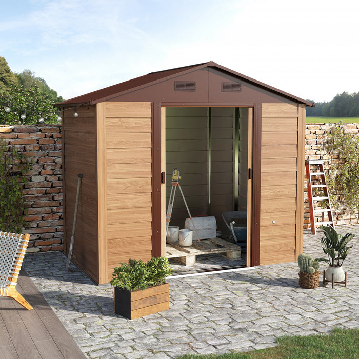 Outsunny 6.4' X 7.7' Outdoor Storage Shed With Double Doors, Metal Garden Shed House For Gardening Tool, Bike, Motorcycle Storage, Brown With Wood Grain