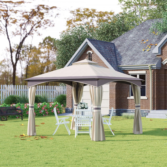 Outsunny 10' X 10' Soft Top Gazebo Canopy Tent W/ Double Roof, Eaves Design And Mesh Netting Sidewall Outdoor Patio Large Garden
