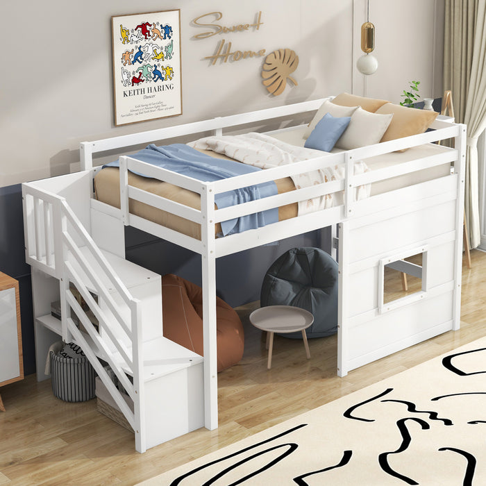 Martin Twin Solid Wood Loft Bed With Storage Stairs, Play Window, Led Light, White