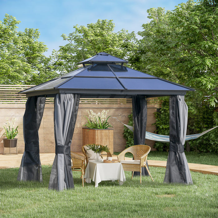 Outsunny 10' X 10' Hardtop Gazebo Canopy With Polycarbonate Double Roof, Aluminum Frame, Permanent Pavilion Outdoor Gazebo With Netting And Curtains For Garden, Backyard