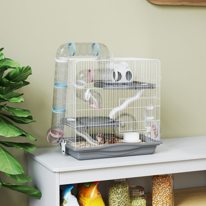 PawHut Hamster Cage, 3-Level Small Animal House with Exercise Wheel, Food Bowl, Water Bottle, House, Tunnels, Ramps, Gerbil Cage for Dwarf Hamster, 18\" x 12\" x 18\", Grey