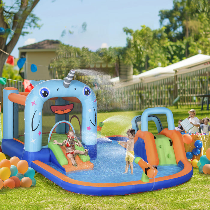 Outsunny 5-in-1 Inflatable Water Slide, Narwhals Style Kids Castle Bounce House Includes With Slide Trampoline Pool Water Gun Climbing Wall, Carry Bag, 450w Air Blower