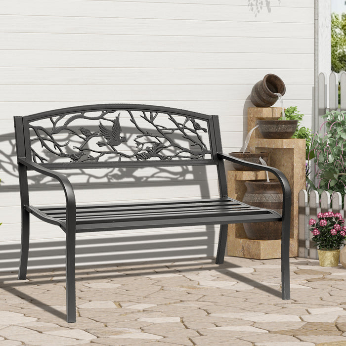 Outsunny 50\" Outdoor Metal Garden Bench With Vintage Bird Pattern, Black