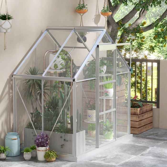 Outsunny 6' X 4' Polycarbonate Greenhouse, Walk-in Greenhouse With Sliding Door, Adjustable Window, Aluminium Frame And Foundation, Garden Grow House With Rain Gutter, Silver