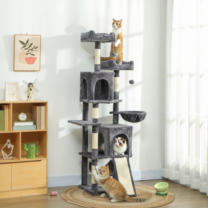 PawHut Cat Tree, 70\" Multi-Level Cat Tower for Indoor with 2 Condos, 2 Plush Top Perches, Hammock, Platforms, Toy Balls, Sisal Scratching Posts and Board, Dark Grey