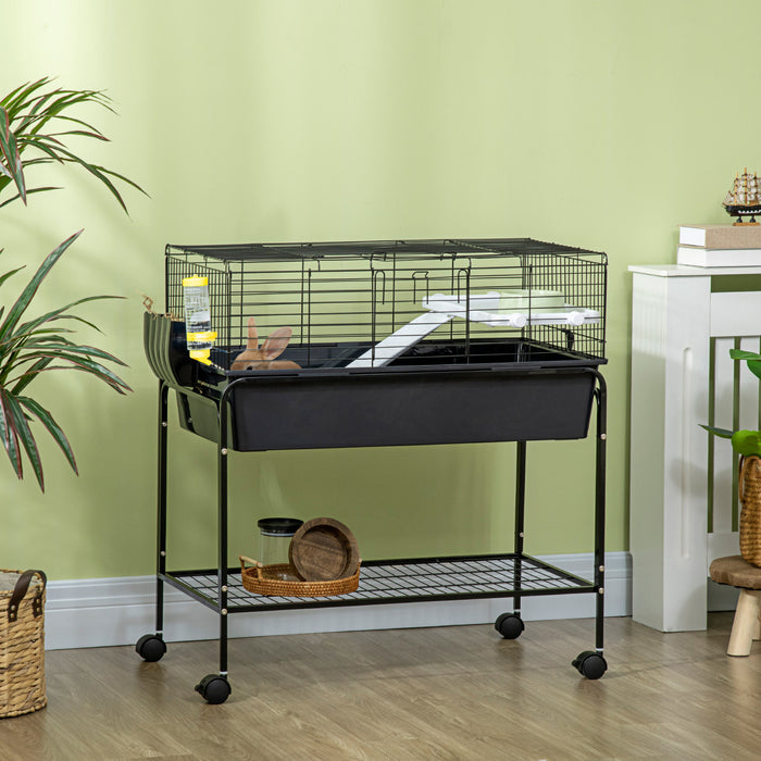 Pawhut Small Animal Cage, 35\" Rolling Guinea Pig Cage With Detachable Stand, Water Bottle, Food Dish, Ramp, Wheels, For Rabbit, Bunny, Ferret, Chinchilla, Dark Grey