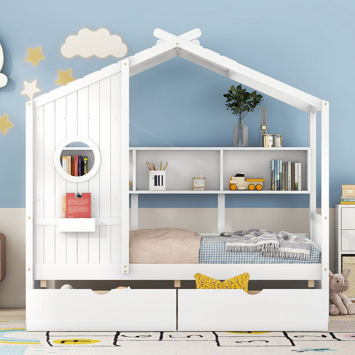 Jeames Wood House Bed with 2 Storage Drawers and Shelf,Twin Size - White