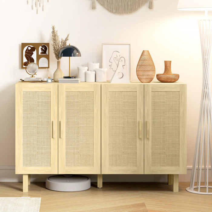 HOMCOM Boho Sideboard Buffet Cabinet with 4 Rattan Doors, Natural