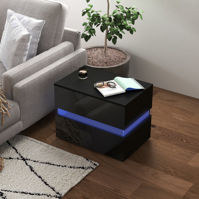 HOMCOM LED Nightstand Bedside Table with Drawers LED Light Black