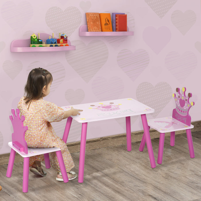 Qaba 3-piece Set Kids Wooden Table Chair With Crown Pattern Easy To Clean Gift For Girls Toddlers Age 2-4 Years Old Pink
