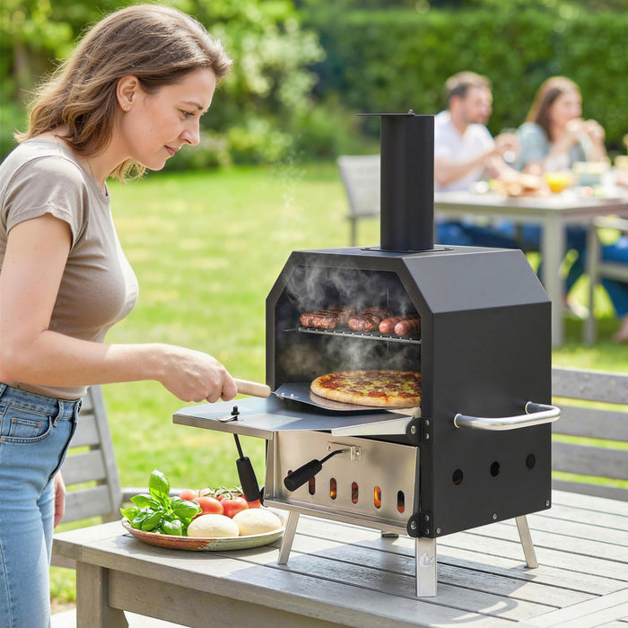 Outsunny Outdoor Pizza Oven with 12\" Stone, Peel, Wood Fired 2-Layer Portable Stainless Steel Pizza Maker with Foldable Legs, Handles for Backyard Camping Party Picnic BBQ