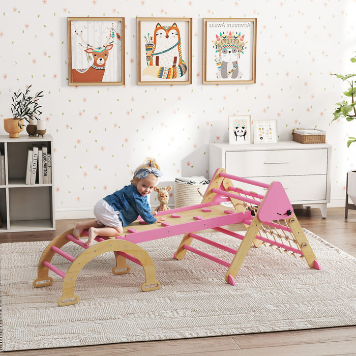 Qaba 8-in-1 Pikler Triangle Set, Foldable Wooden Climbing Toys with Arch, Ramp and Ladder, Montessori Indoor Playground Jungle Gyms for Toddlers Ages 18-48 Mouths, Pink