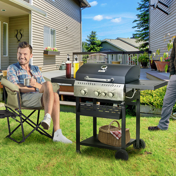 Outsunny Propane Gas Grill with 3 Main Burners, 1 Side Burner, 38,000 BTU Outdoor BBQ Grill Cart, Shelves, Warming Rack, Thermometer, Bottle Opener, Wheels, Black