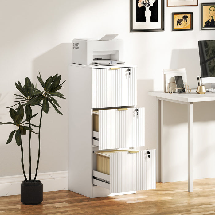 HOMCOM 3 Drawer File Cabinet Fluted Vertical Filing Cabinet with Lock White