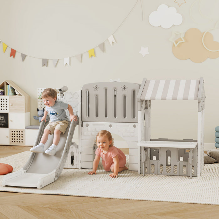 Qaba 7-in-1 Toddler Slide with Playhouse, Kids Slide Climber Playset with Basketball Hoop and Tunnel for Age 1-4 Years Indoor Play, Grey