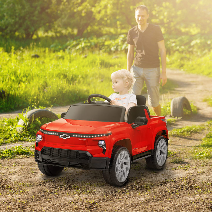 Qaba 12v Electric Car For Kids, Chevrolet Silverado Ev Rst Licensed Battery Powered Ride-On Kids Car With Parent Remote Control, Spring Suspension, Soft Start, Training Wheels, Red