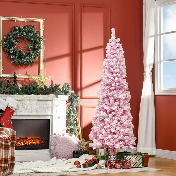 Homcom Snow Flocked Pencil Artificial Christmas Tree With Steel Base Pink