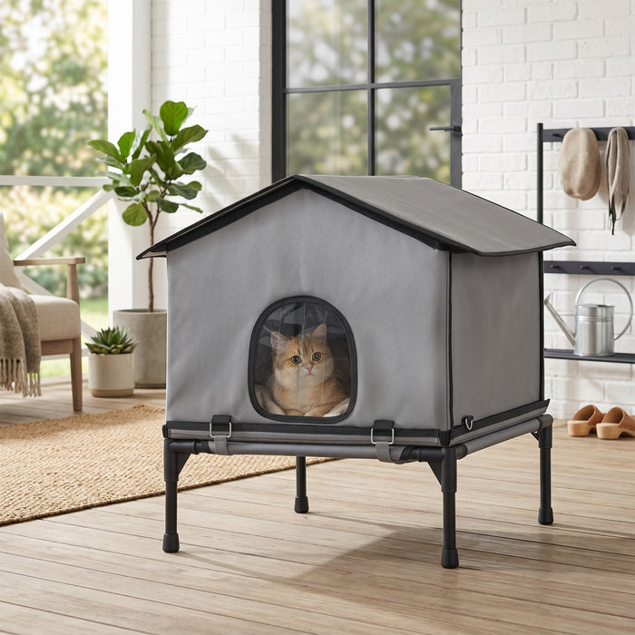 PawHut Outdoor Cat House, Waterproof Insulated Cat Kennel with Elevated Base, Cushion, Foldable Feral Kitty Shelter for Indoor Outdoor Kittens, Grey