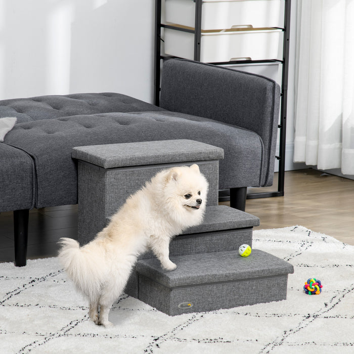 Pawhut Pet Stairs, 3-tier Dog Steps For High Bed Couch With Storage Box, Portable Pet Steps Home Ladder For Small Cat And Dog, Light Grey