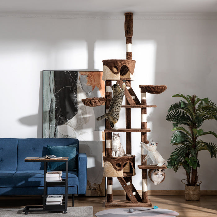 Pawhut 94\"-102\" Huge Cat Tree Ceiling High Cat Condo Scratching Post Activity Center Multi-level Play House Brown