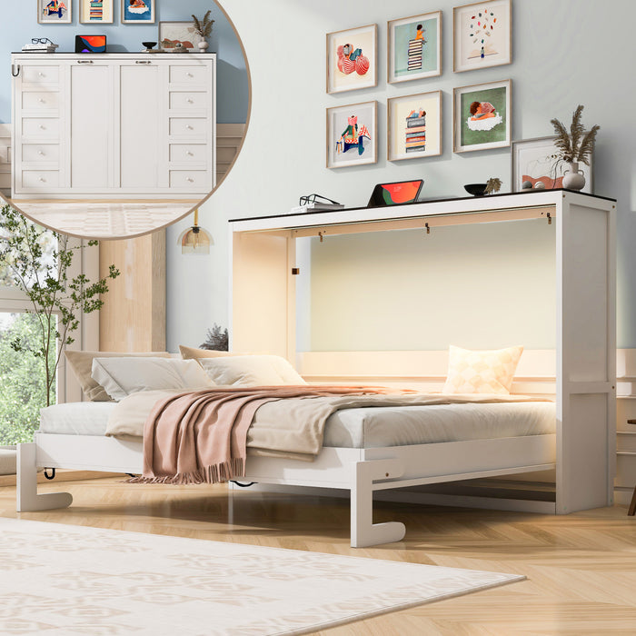 Olivia Solid Wood Murphy Bed with LED Light and Foldable Cabinet,Full Size,White Full Bed
