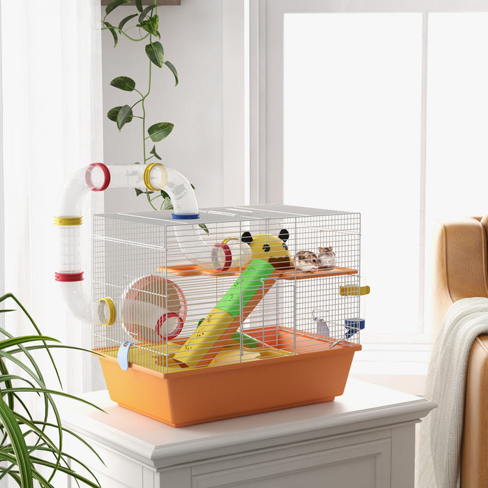 Pawhut Hamster Cage 3 Tiers Small Animal House For Dwarf Hamster Gerbil Cage With Complete Tunnels, Water Bottle, Exercise Wheel, Food Dish, Ramps, Hut, 18\" X 11\" X 15\" - Orange