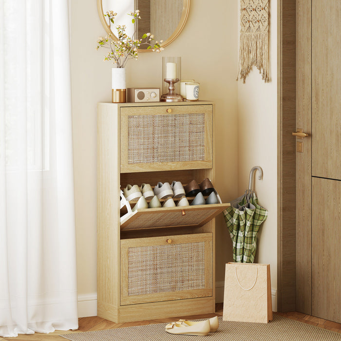 HOMCOM Rattan Shoe Storage Cabinet Organizer with 3 Flip Drawers, Oak